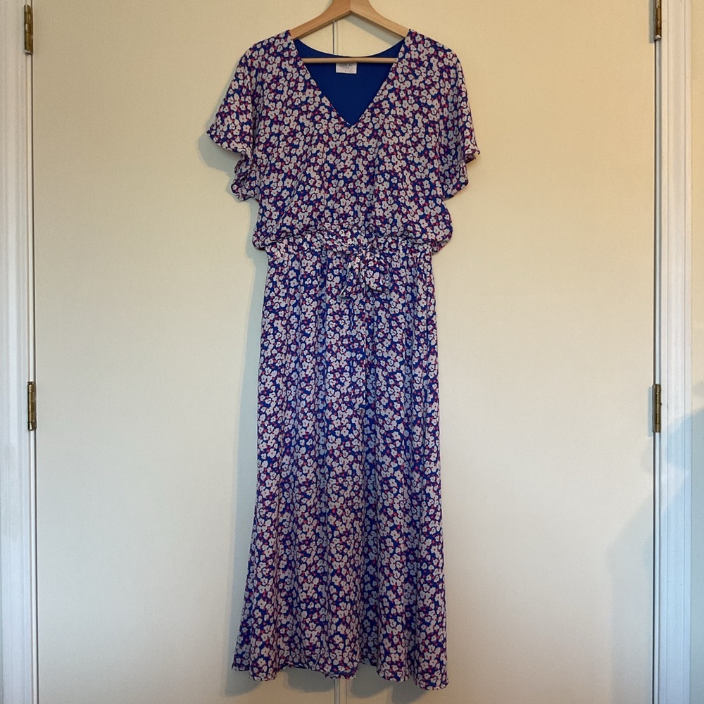Sienna Sky Women's blue white coral floral short sleeve midi dress coquette L
